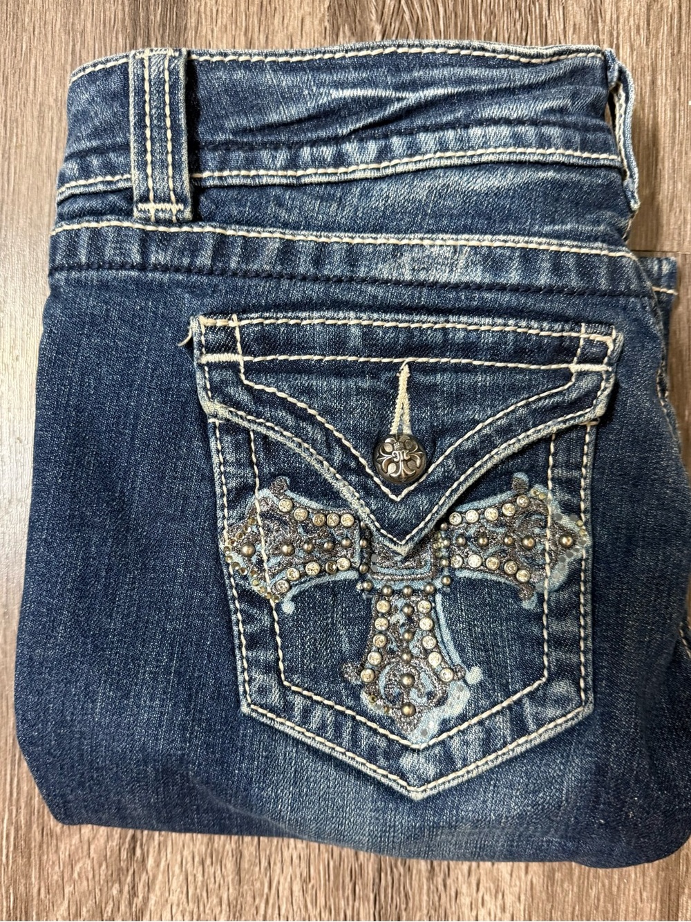 Miss Me Blue Distressed Bermuda Jean Shorts with Rhinestone Cross